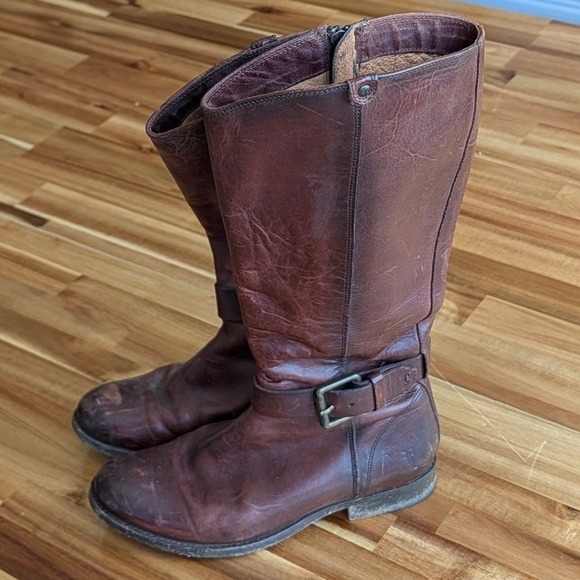 Frye Shoes - Frye Tall Leather Boots Brown‎ Moto Equestrian Buckle Zip Size 5.5
